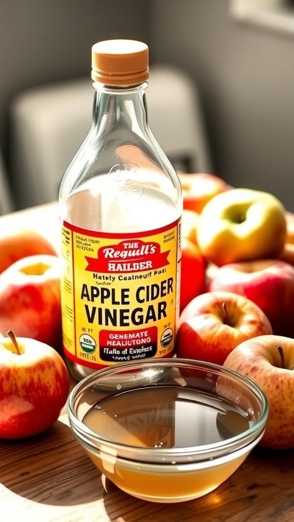 A bottle of apple cider vinegar with fresh apples, representing a natural remedy for yeast infections.
